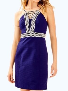NWT Lilly Pulitzer Sz 4 Trista Shift Elegant Navy Blue Dress with Gold Accents